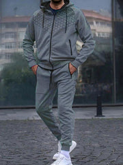 Men's Zipper Hooded Cardigan Jacket Honeycomb Print Casual Sweatshirt Trousers Set - 808Lush