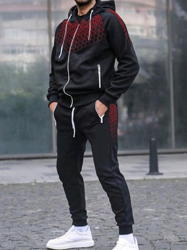 Men's Zipper Hooded Cardigan Jacket Honeycomb Print Casual Sweatshirt Trousers Set - 808Lush