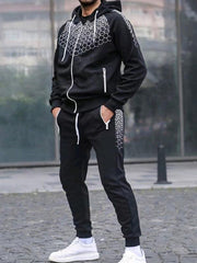 Men's Zipper Hooded Cardigan Jacket Honeycomb Print Casual Sweatshirt Trousers Set - 808Lush