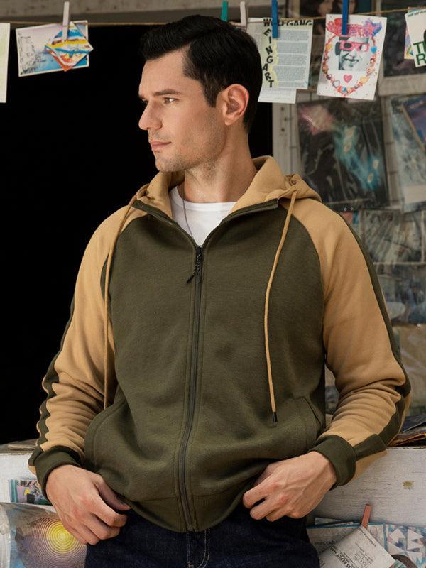 Men's casual contrasting color zipper cardigan hooded sweatshirt - 808Lush