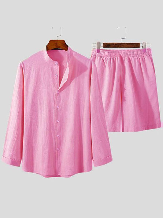 Men's casual cotton and linen suit home service loose long-sleeved shorts two-piece set - 808Lush