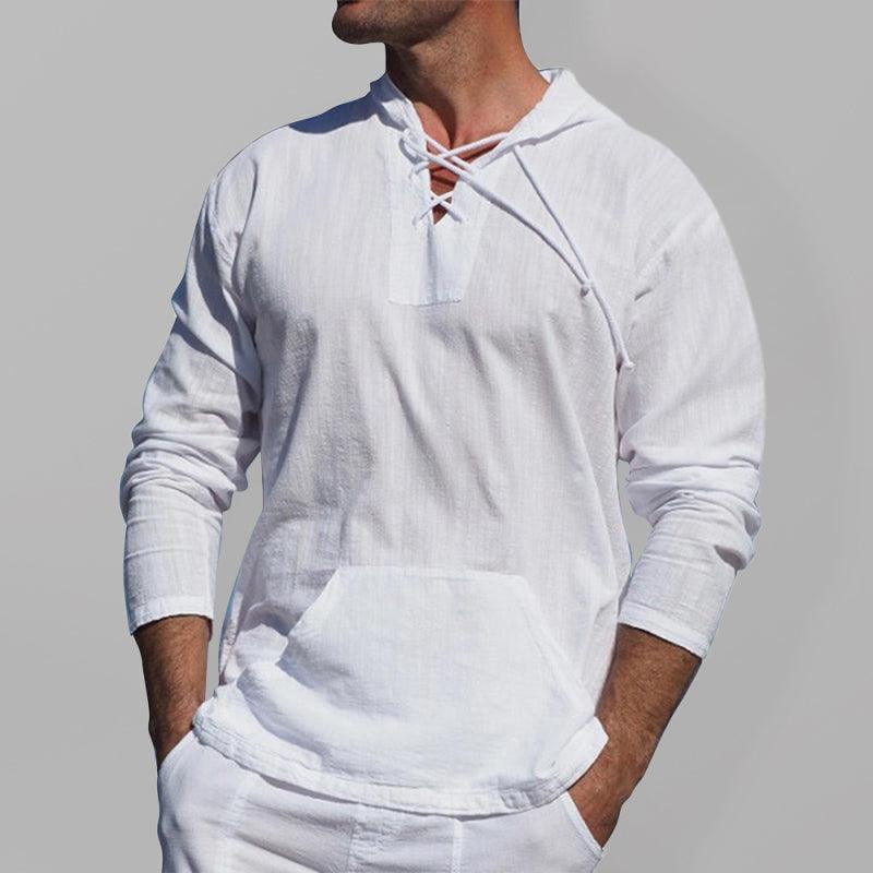 Men's casual cotton and linen tie hooded long-sleeved shirt - 808Lush