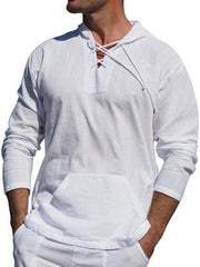 Men's casual cotton and linen tie hooded long-sleeved shirt - 808Lush