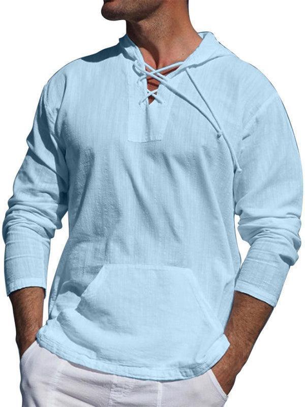 Men's casual cotton and linen tie hooded long-sleeved shirt - 808Lush