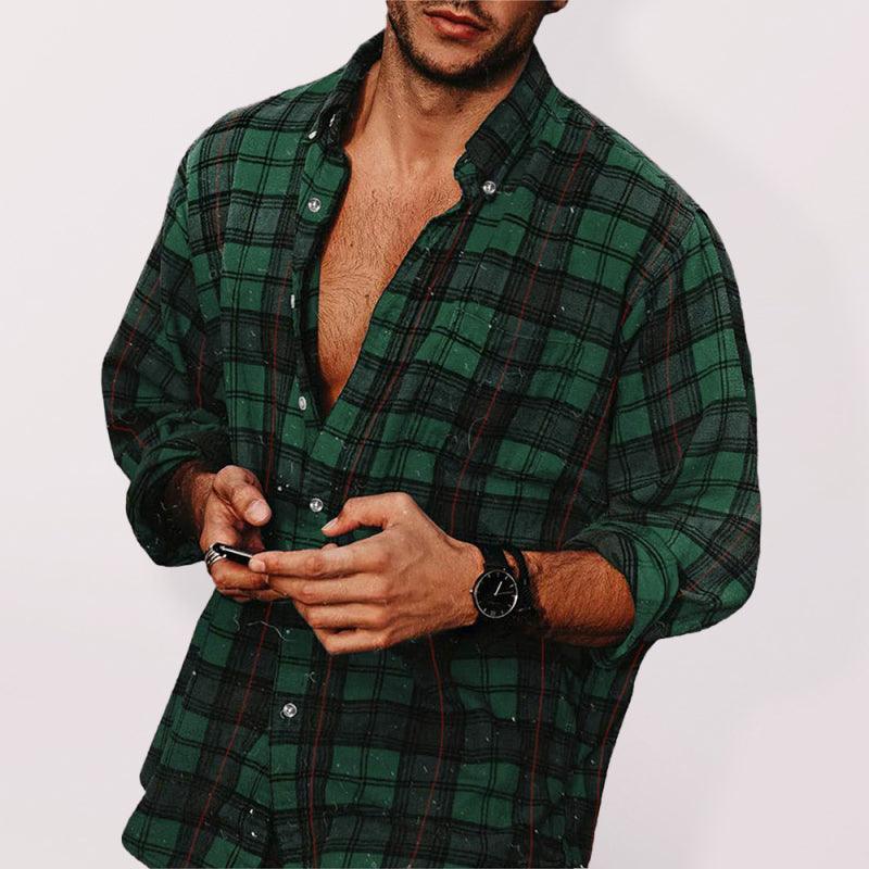 Men's check collar casual long sleeve shirt - 808Lush