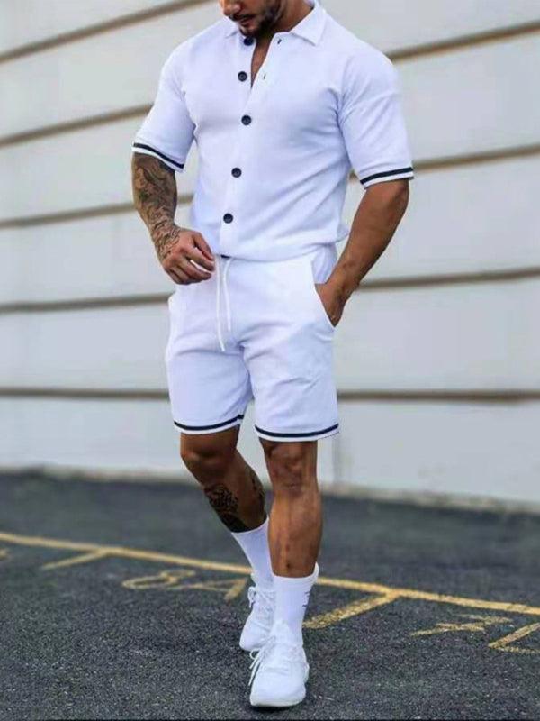 Men's color contrast lapel short-sleeved shirt + shorts two-piece suit - 808Lush