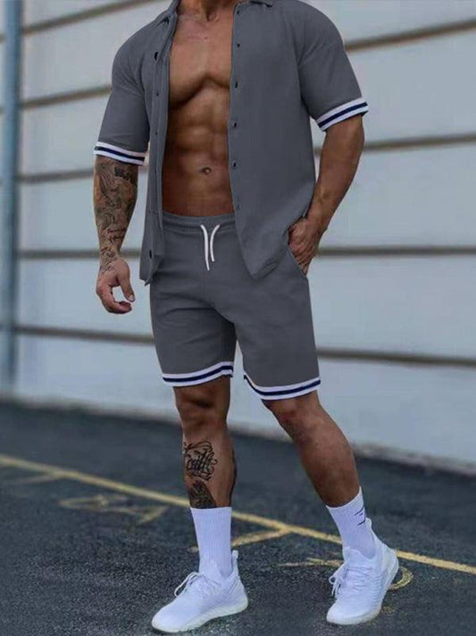 Men's color contrast lapel short-sleeved shirt + shorts two-piece suit - 808Lush
