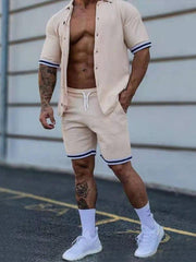 Men's color contrast lapel short-sleeved shirt + shorts two-piece suit - 808Lush