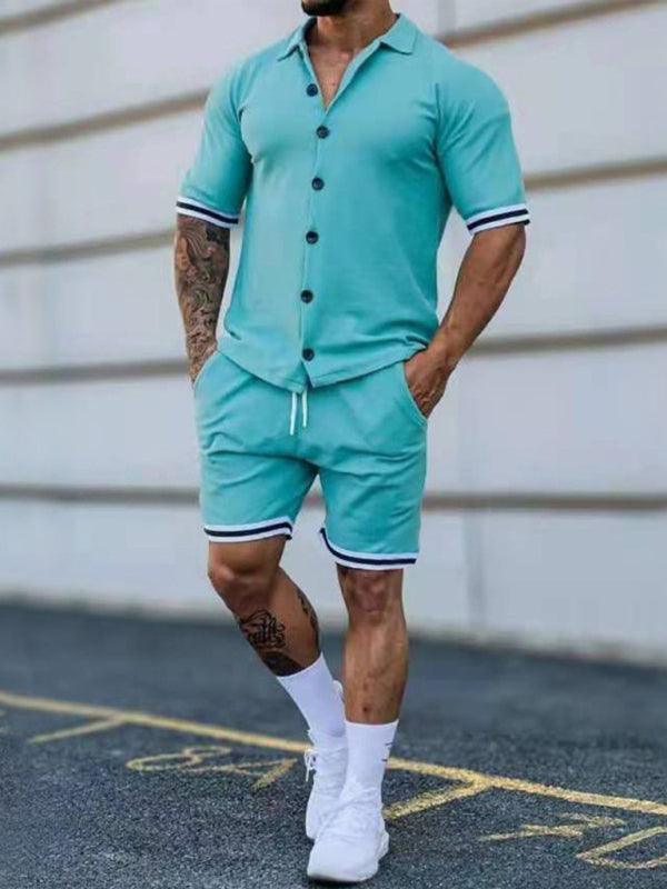 Men's color contrast lapel short-sleeved shirt + shorts two-piece suit - 808Lush