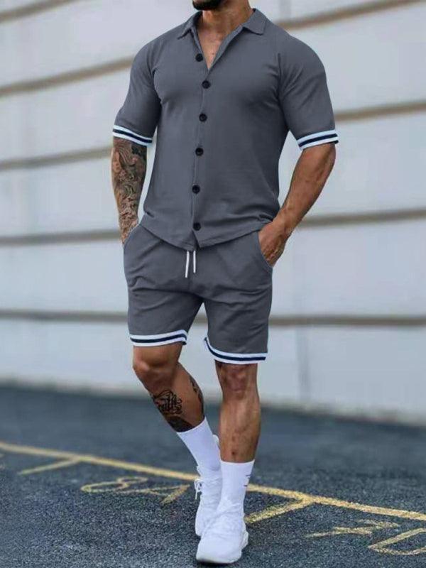 Men's color contrast lapel short-sleeved shirt + shorts two-piece suit - 808Lush