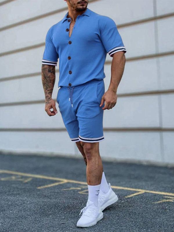 Men's color contrast lapel short-sleeved shirt + shorts two-piece suit - 808Lush