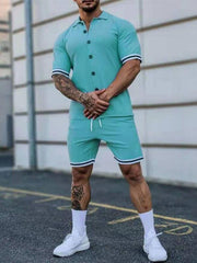 Men's color contrast lapel short-sleeved shirt + shorts two-piece suit - 808Lush