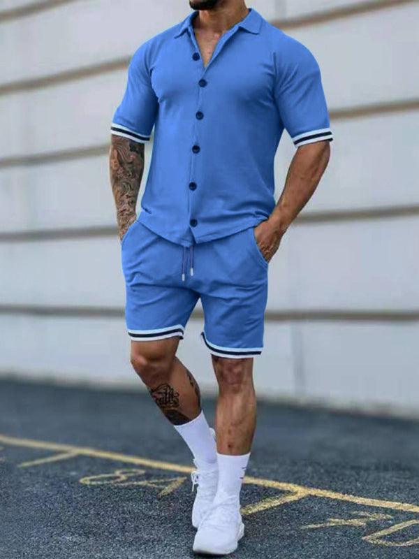 Men's color contrast lapel short-sleeved shirt + shorts two-piece suit - 808Lush