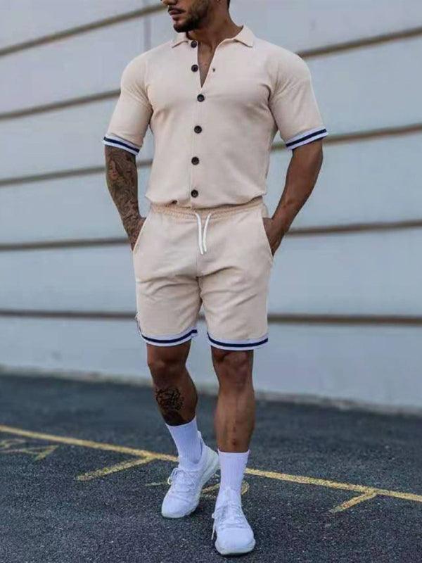 Men's color contrast lapel short-sleeved shirt + shorts two-piece suit - 808Lush