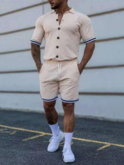 Men's color contrast lapel short-sleeved shirt + shorts two-piece suit - 808Lush