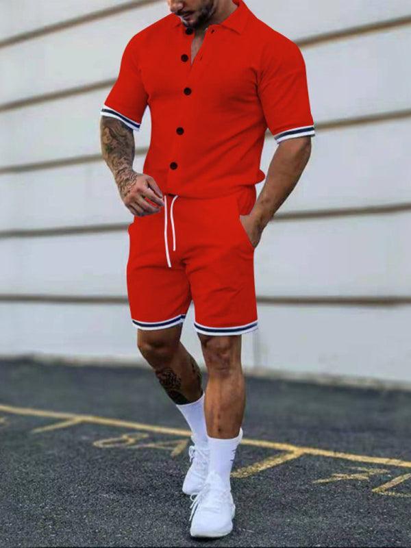 Men's color contrast lapel short-sleeved shirt + shorts two-piece suit - 808Lush