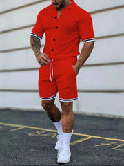 Men's color contrast lapel short-sleeved shirt + shorts two-piece suit - 808Lush