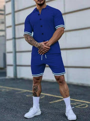 Men's color contrast lapel short-sleeved shirt + shorts two-piece suit - 808Lush