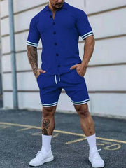 Men's color contrast lapel short-sleeved shirt + shorts two-piece suit - 808Lush