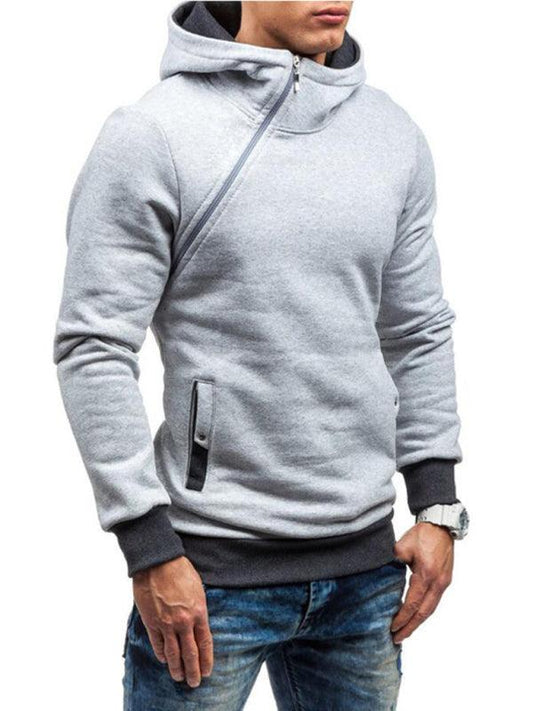 Men's diagonal zipper solid color long-sleeved hoodie - 808Lush