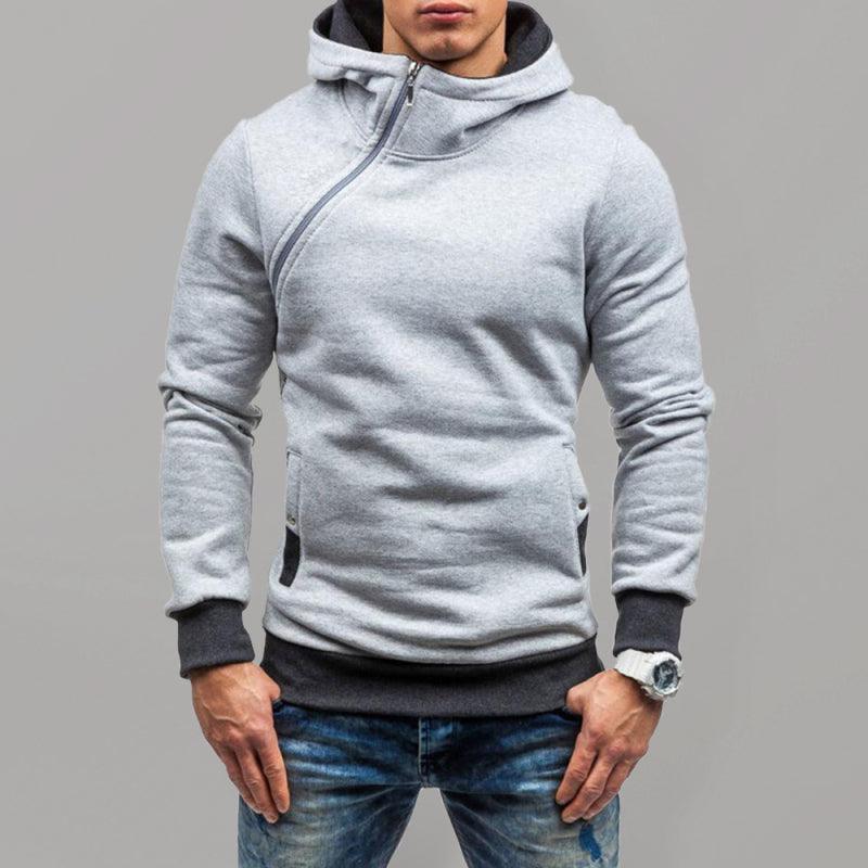 Men's diagonal zipper solid color long-sleeved hoodie - 808Lush