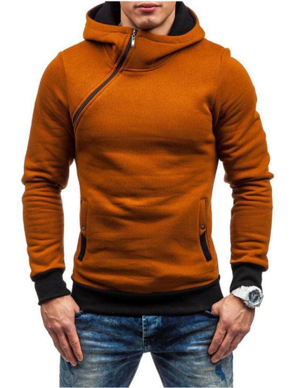 Men's diagonal zipper solid color long-sleeved hoodie - 808Lush