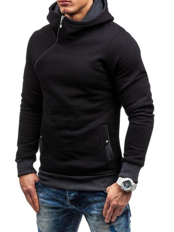 Men's diagonal zipper solid color long-sleeved hoodie - 808Lush