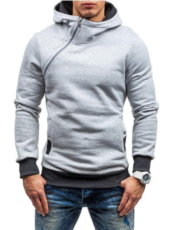 Men's diagonal zipper solid color long-sleeved hoodie - 808Lush