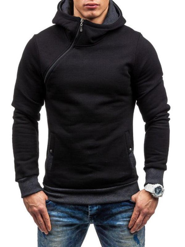 Men's diagonal zipper solid color long-sleeved hoodie - 808Lush