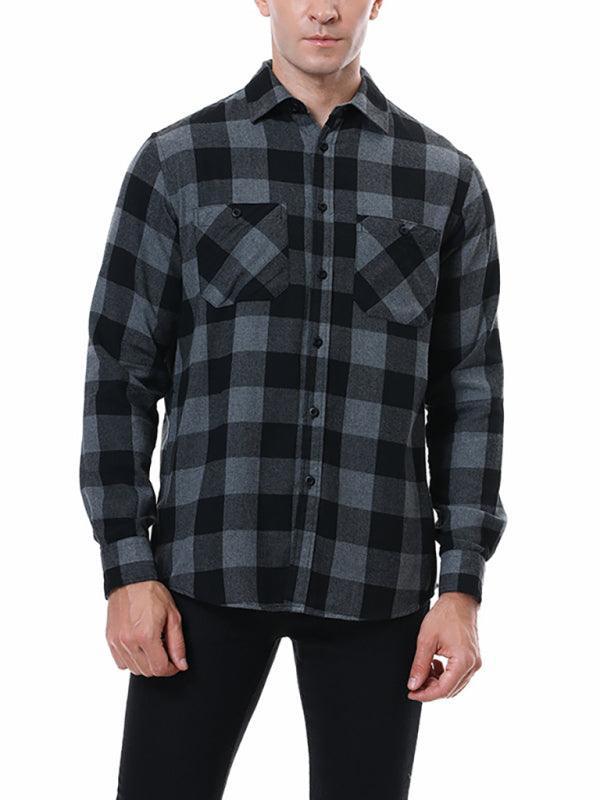 Men's facecloth plaid long-sleeved lapel shirt - 808Lush