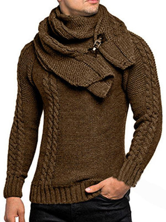 Men's fashionable scarf pullover solid color twist knitted sweater top - 808Lush