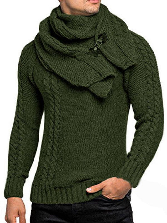 Men's fashionable scarf pullover solid color twist knitted sweater top - 808Lush