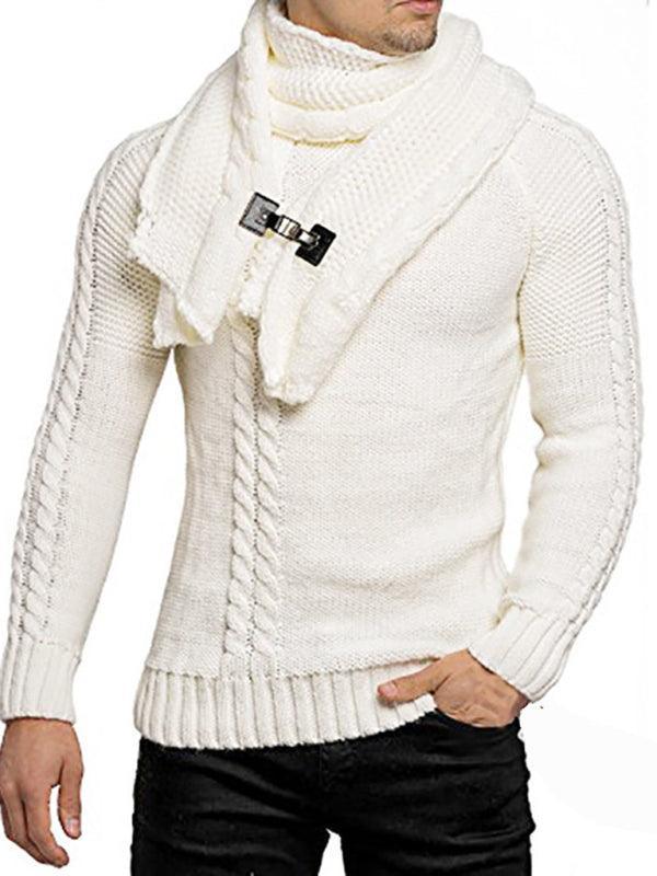 Men's fashionable scarf pullover solid color twist knitted sweater top - 808Lush