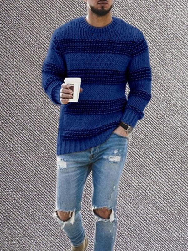 Men's fitted striped round neck long sleeve knitted sweater - 808Lush