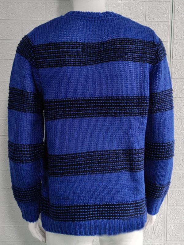 Men's fitted striped round neck long sleeve knitted sweater - 808Lush