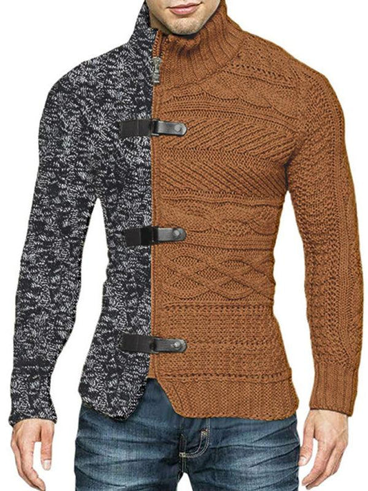 Men's high -necked color skin buckle long -sleeved knit sweater cardigan - 808Lush