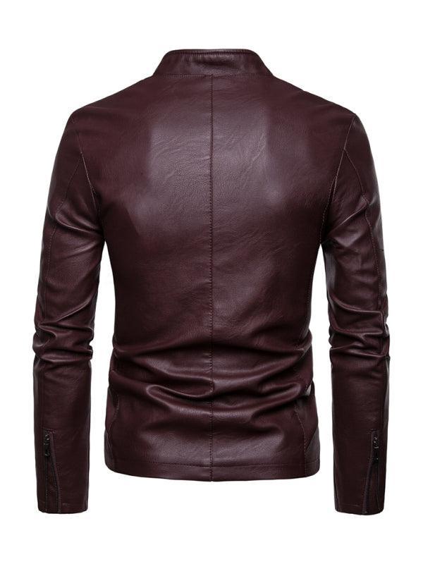 Men's motorcycle zipper stand collar leather jacket - 808Lush