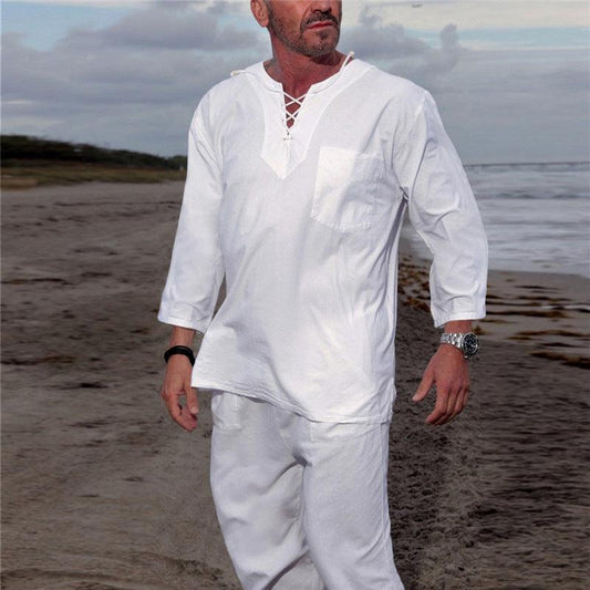 Men's casual solid color lace-up beach cotton and linen suit - 808Lush