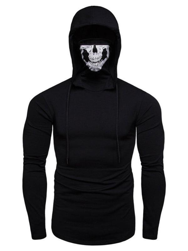 Men's fitness cycling elastic mask skull print hooded pullover long-sleeved T-shirt - 808Lush