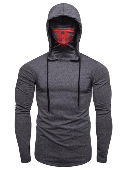 Men's fitness cycling elastic mask skull print hooded pullover long-sleeved T-shirt - 808Lush