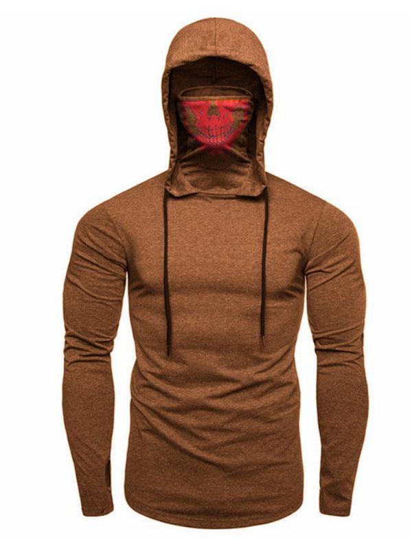 Men's fitness cycling elastic mask skull print hooded pullover long-sleeved T-shirt - 808Lush