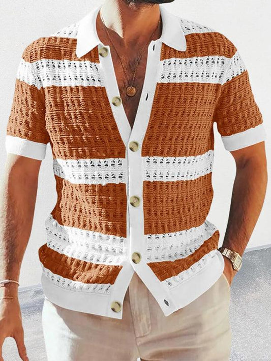 Men's lapel short-sleeved color-blocked cardigan - 808Lush