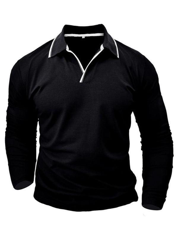 Men's long-sleeved V-neck lapel contrasting color POLO shirt - 808Lush