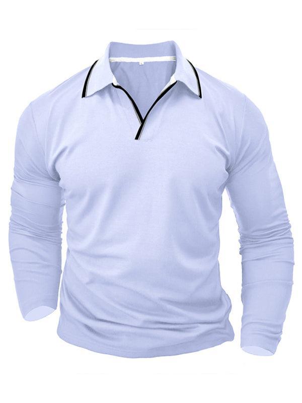 Men's long-sleeved V-neck lapel contrasting color POLO shirt - 808Lush