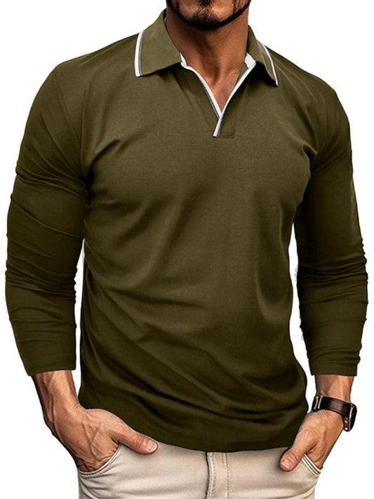 Men's long-sleeved V-neck lapel contrasting color POLO shirt - 808Lush