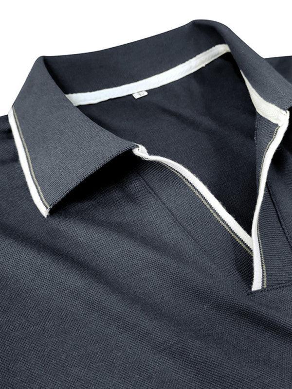 Men's long-sleeved V-neck lapel contrasting color POLO shirt - 808Lush