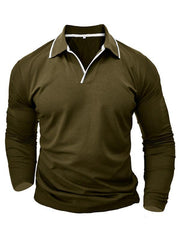 Men's long-sleeved V-neck lapel contrasting color POLO shirt - 808Lush