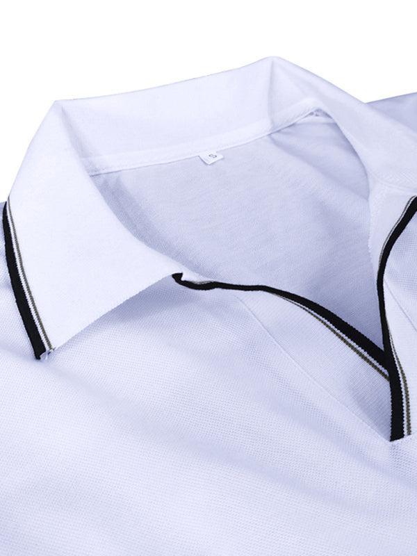 Men's long-sleeved V-neck lapel contrasting color POLO shirt - 808Lush