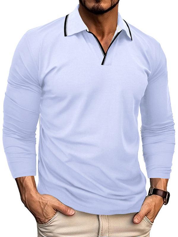 Men's long-sleeved V-neck lapel contrasting color POLO shirt - 808Lush