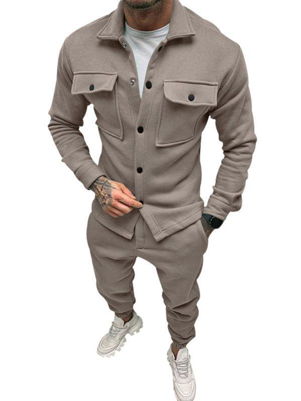 Men's long-sleeved trousers single-breasted jacket solid color slim two-piece set - 808Lush